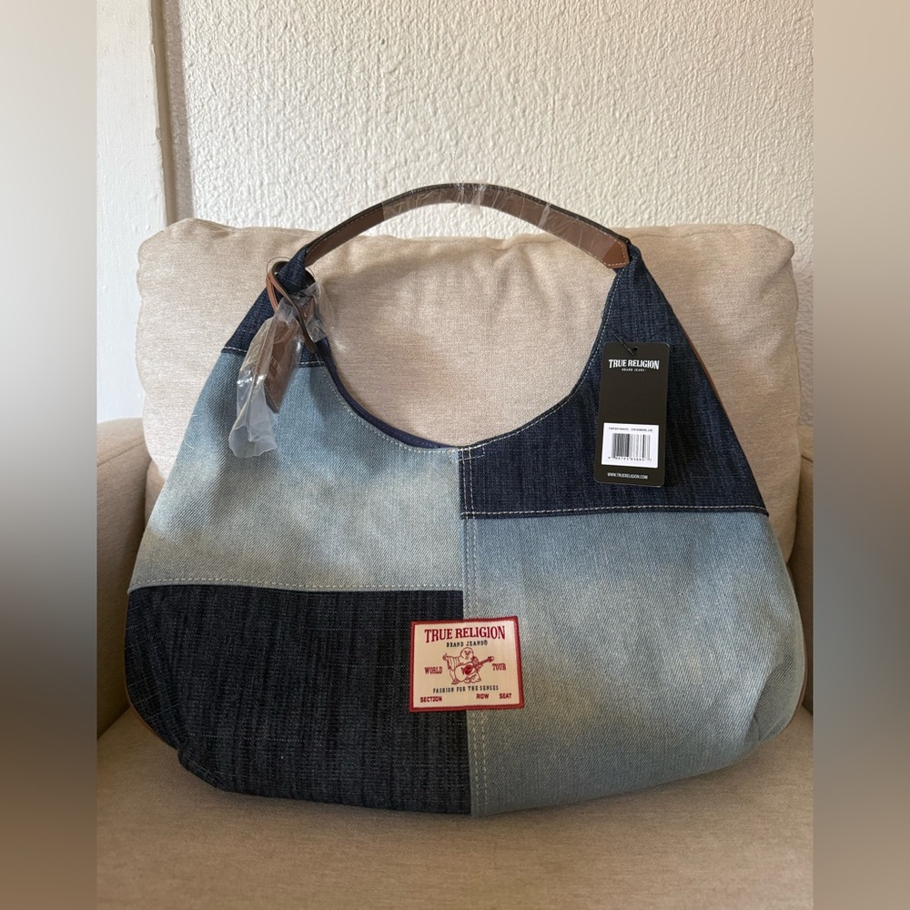 TRUE RELIGION DENIM PATCHWORK HOBO BAG BLUE